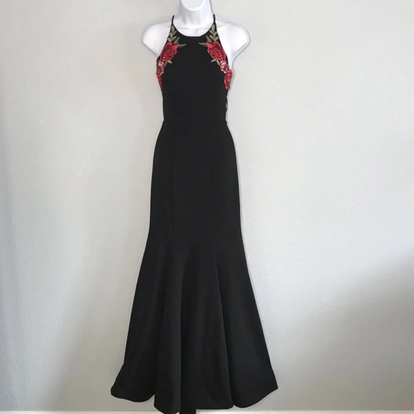 B.darlin Black Mermaid Maxi With Rose Embroidery High Neck Formal Dress size 5/6 - Picture 1 of 4